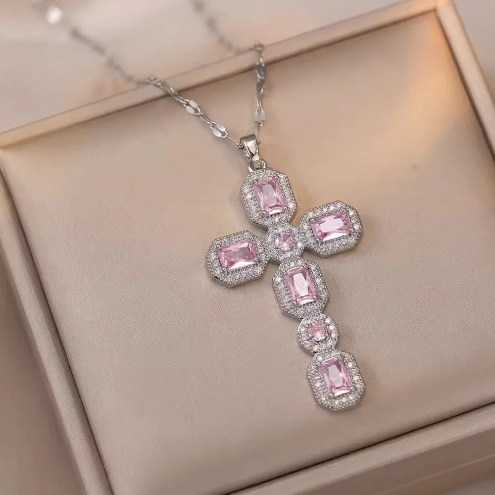 Silver Pink Diamond Cross Necklace